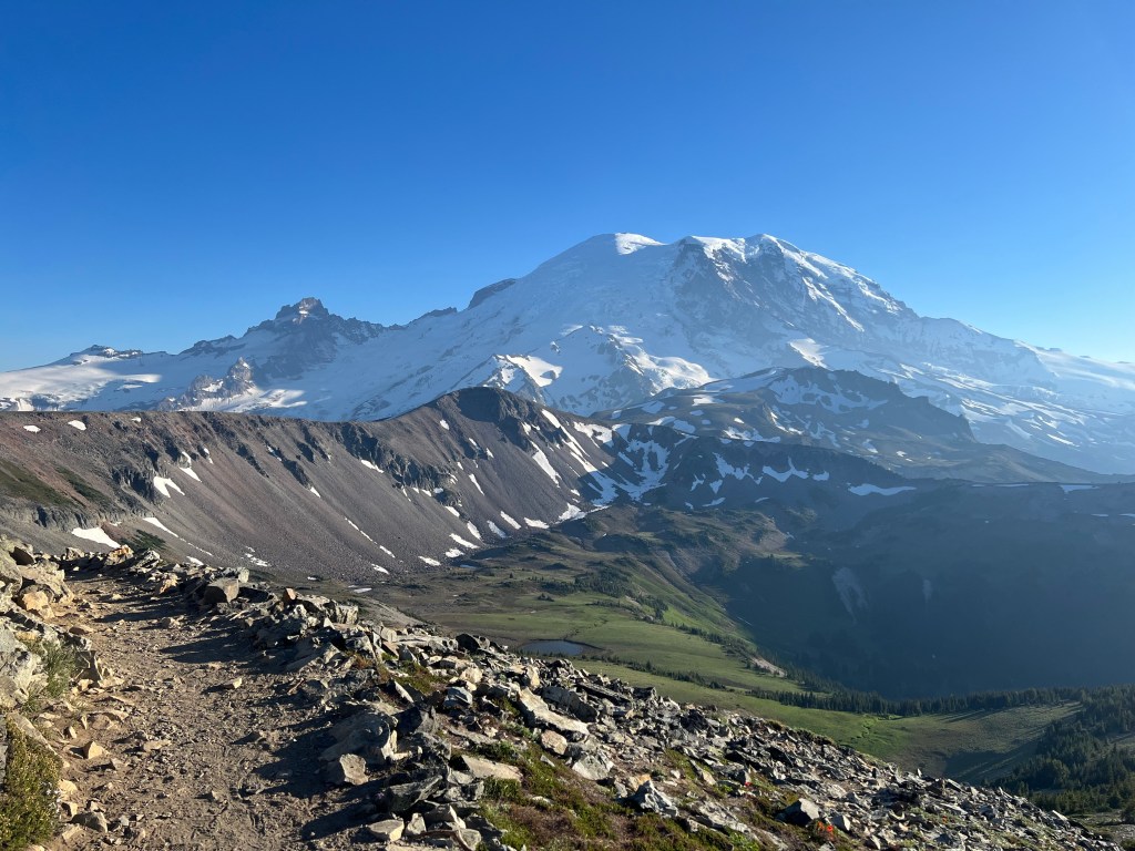 Mount Rainier as viewed from the Fremont Lookout, a classic scene depicting the Pacific Northwest